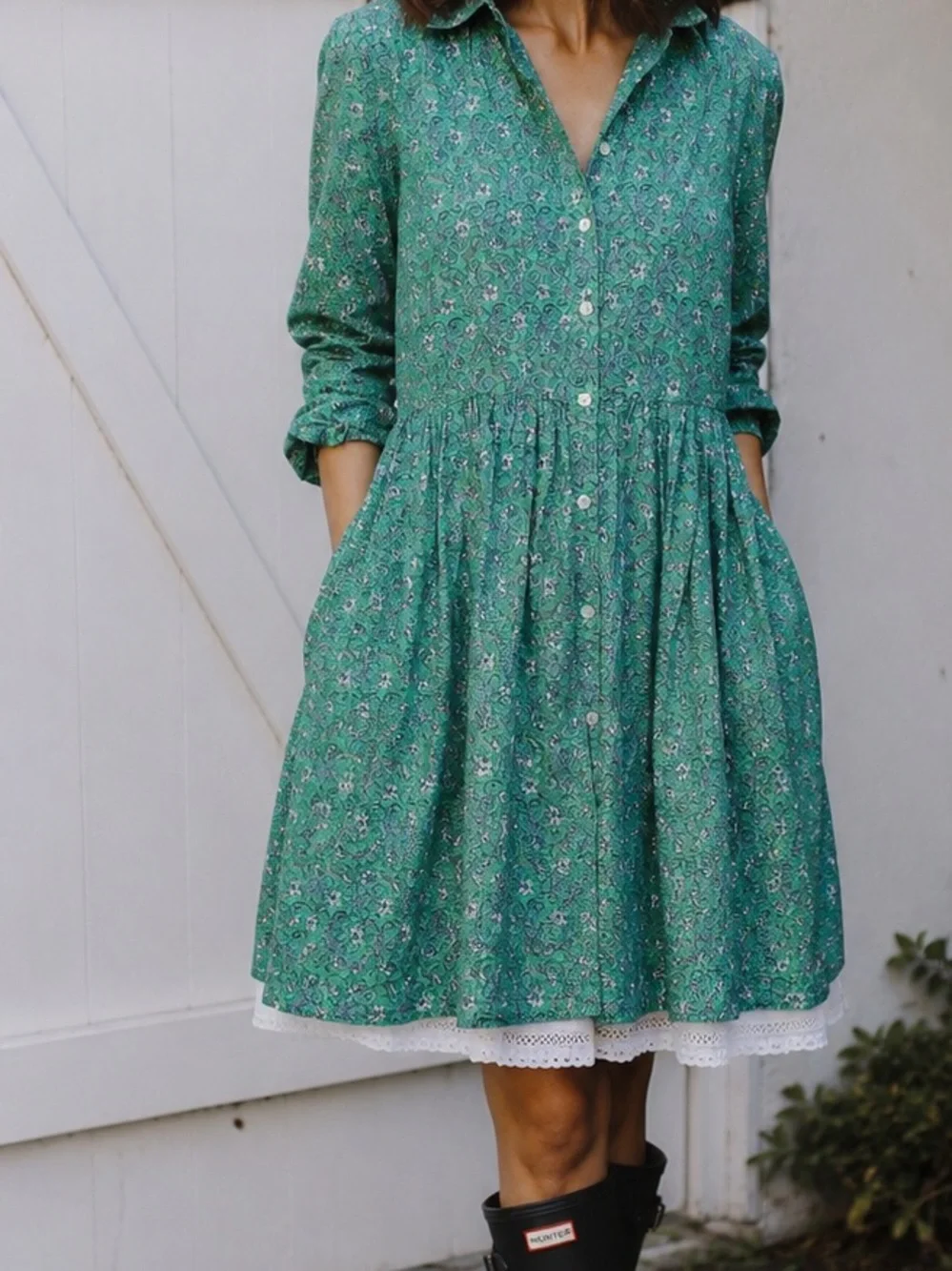 J. Crew Green Floral Long-Sleeve Button Dress with Lace - Picture 1 of 10
